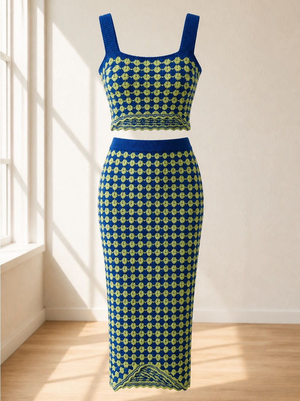 Blue and Lime Knit Midi Skirt - Women